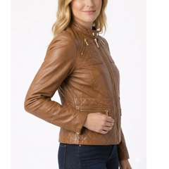 Women's Brown Leather Quilted Biker Motorcycle Racer Jacket