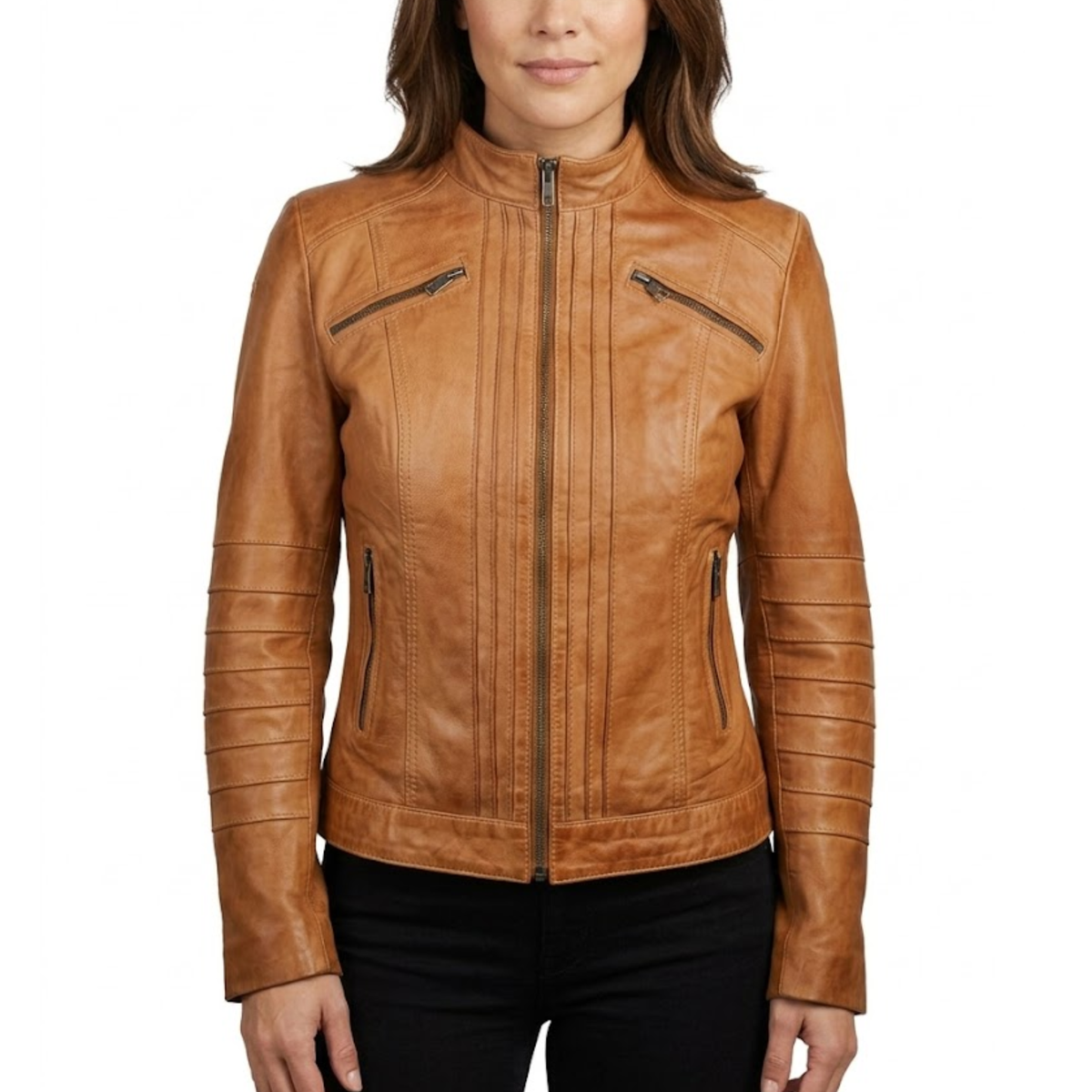 Women's Brown Leather Cafe Racer Style Motorcycle Jacket