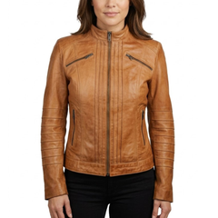 Women's Brown Leather Cafe Racer Style Motorcycle Jacket