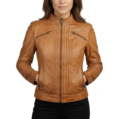 Women's Brown Leather Cafe Racer Style Motorcycle Jacket