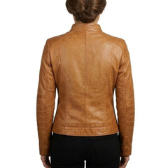 Women's Brown Leather Cafe Racer Style Motorcycle Jacket