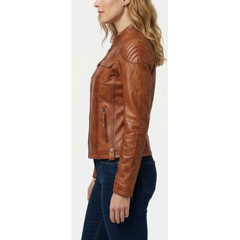 Women's Vintage Brown Waxed Leather Cafe Racer Style Motorcycle Jacket