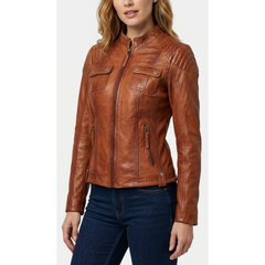 Women's Vintage Brown Waxed Leather Cafe Racer Style Motorcycle Jacket