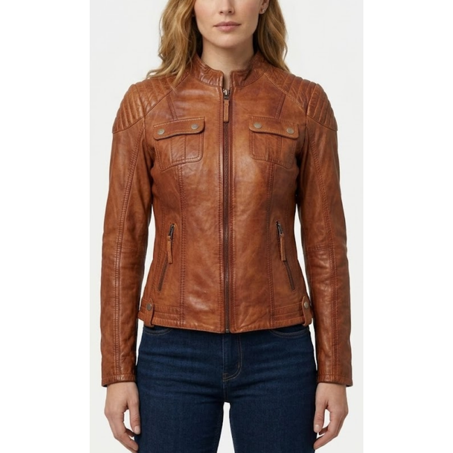 Women's Vintage Brown Waxed Leather Cafe Racer Style Motorcycle Jacket