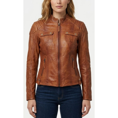 Women's Vintage Brown Waxed Leather Cafe Racer Style Motorcycle Jacket