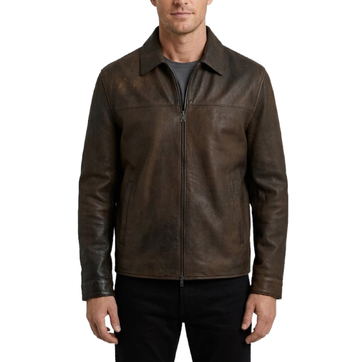 Mens Vintage Jacket - Distressed Effect Leather Outerwear - Winter Coat