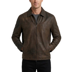Mens Vintage Jacket - Distressed Effect Leather Outerwear - Winter Coat