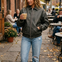 Womens Distressed Black Leather Jacket - Vintage Style Aviator Bomber Coat - Winter Coat