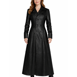Womens Black Leather Double Breasted Long Trench Coat