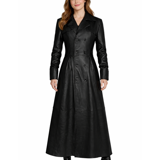 Womens Black Leather Double Breasted Long Trench Coat