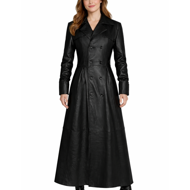 Womens Black Leather Double Breasted Long Trench Coat