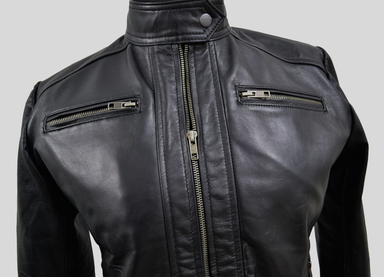 Women's Black Genuine Lambskin Cafe Racer Leather Jacket