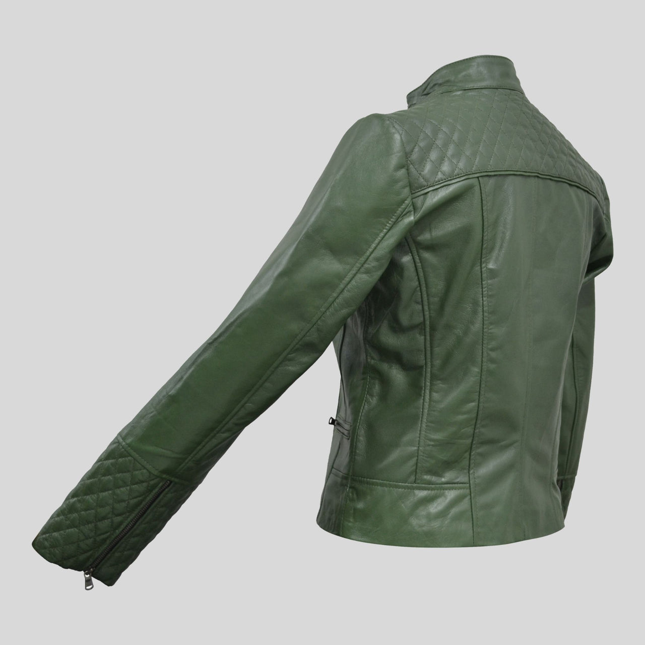 Women's Green Quilted Belted Collar Cafe Racer Leather Jacket