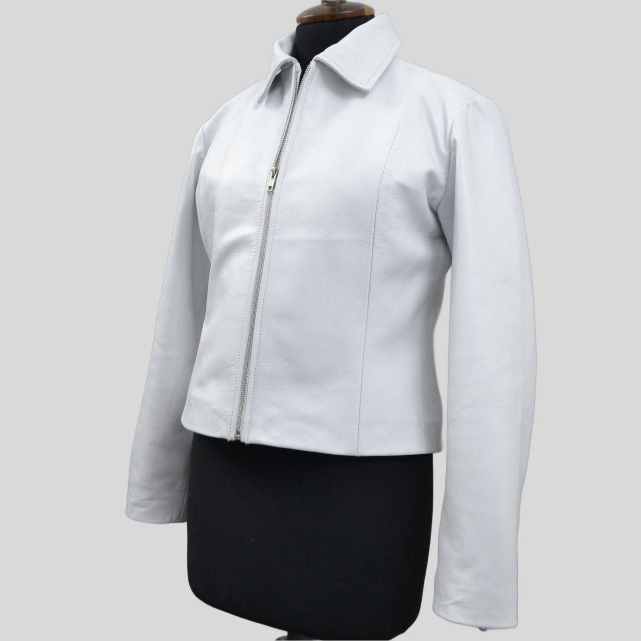 Women White Shirt Collar Designer Ladies Leather Jacket
