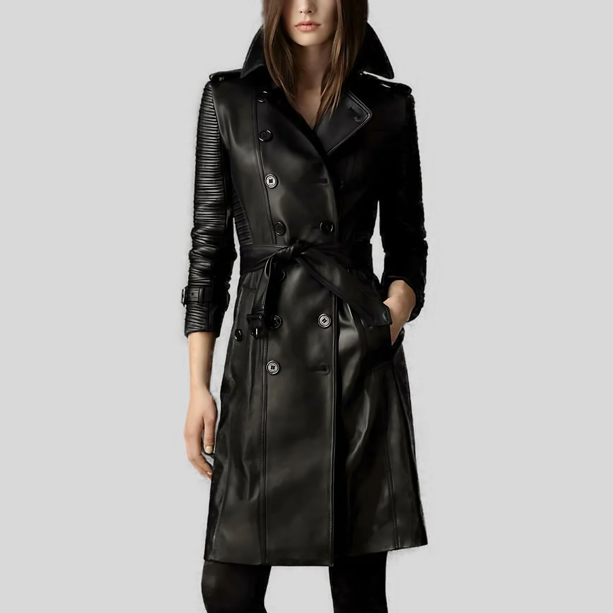 Womens Double Breasted Black Quilted Real Leather Belted Trench Coat