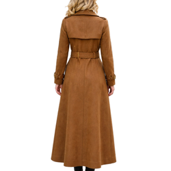 Women's Brown Wool Double Bresated Belted Slim Long Trench Coat