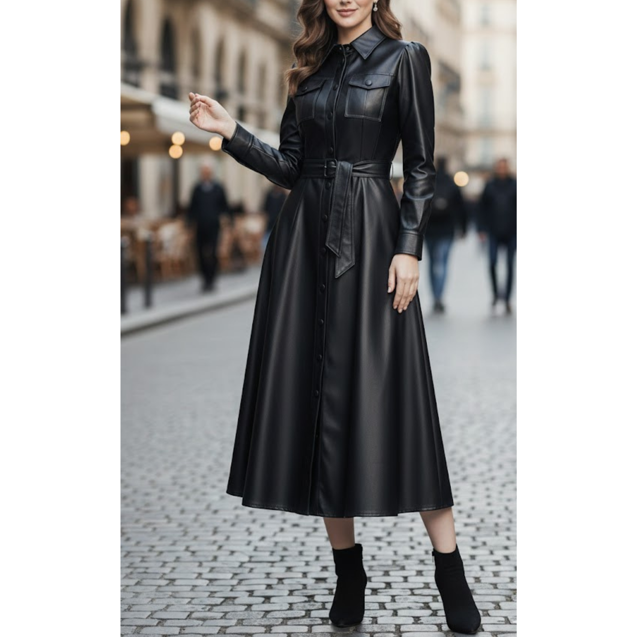 Women's Black Sheepskin Leather Belted Shirt Style Trench Coat Dress