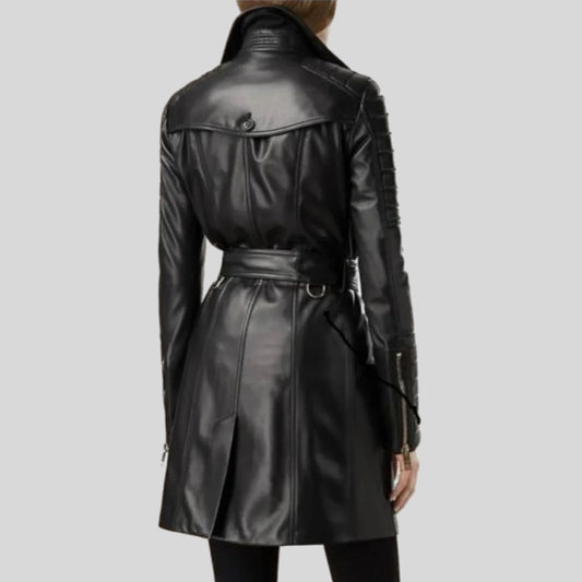 Women Designer Ladies Vintage Outerwear Black Trench Leather Long Coat