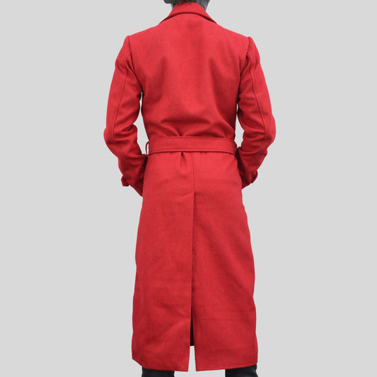 Men's Double-Breasted Red Long Genuine Wool Casual Belted Trench Coat