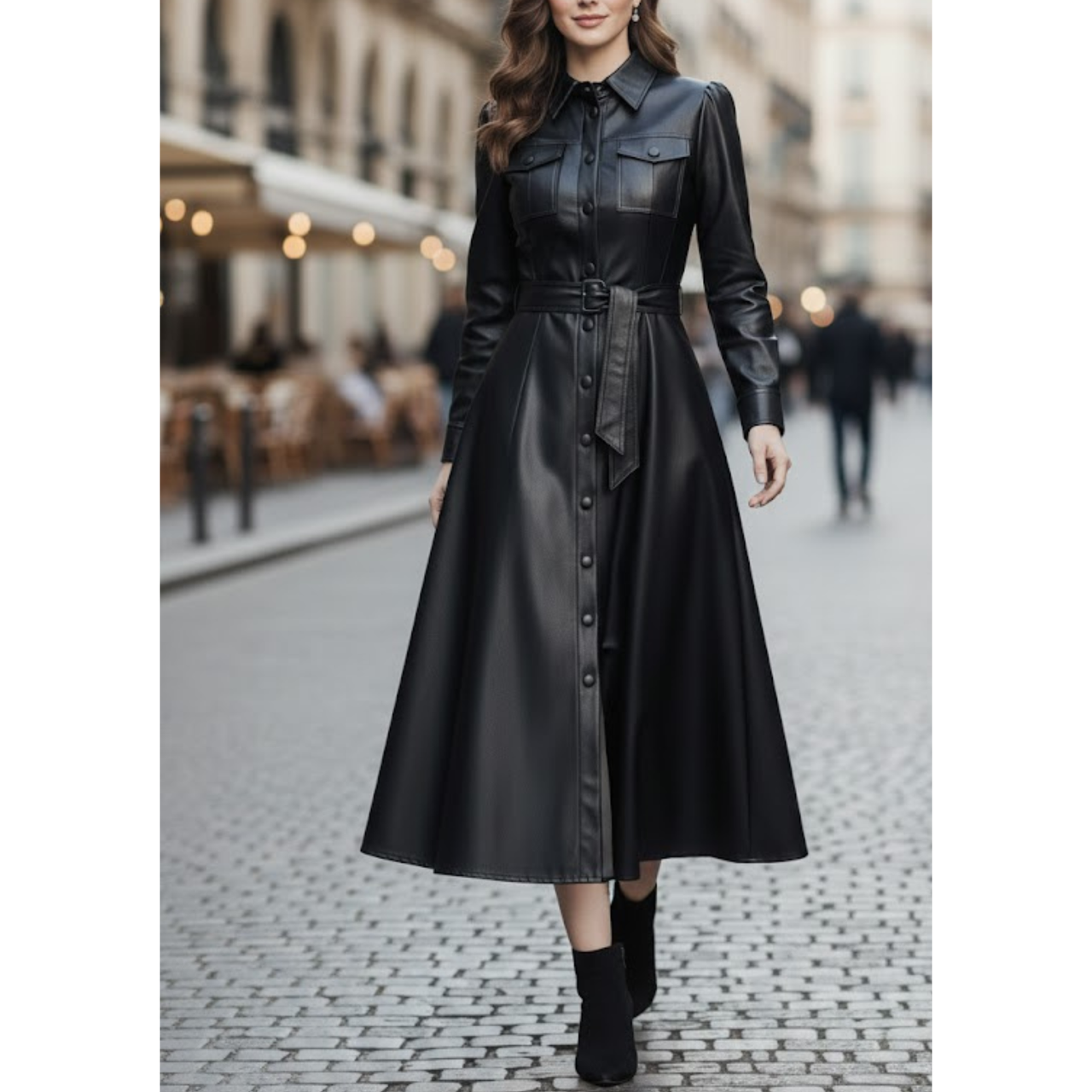 Women's Black Sheepskin Leather Belted Shirt Style Trench Coat Dress