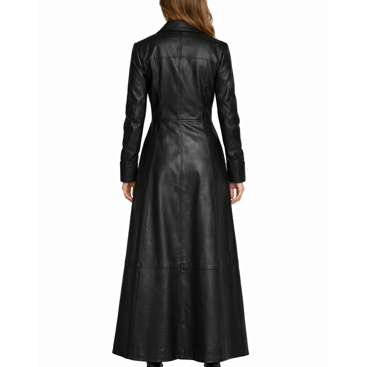 Womens Black Leather Double Breasted Long Trench Coat