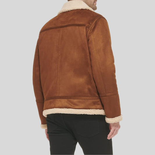 Men Suede Leather-Bomber Jacket With Shearling Lining