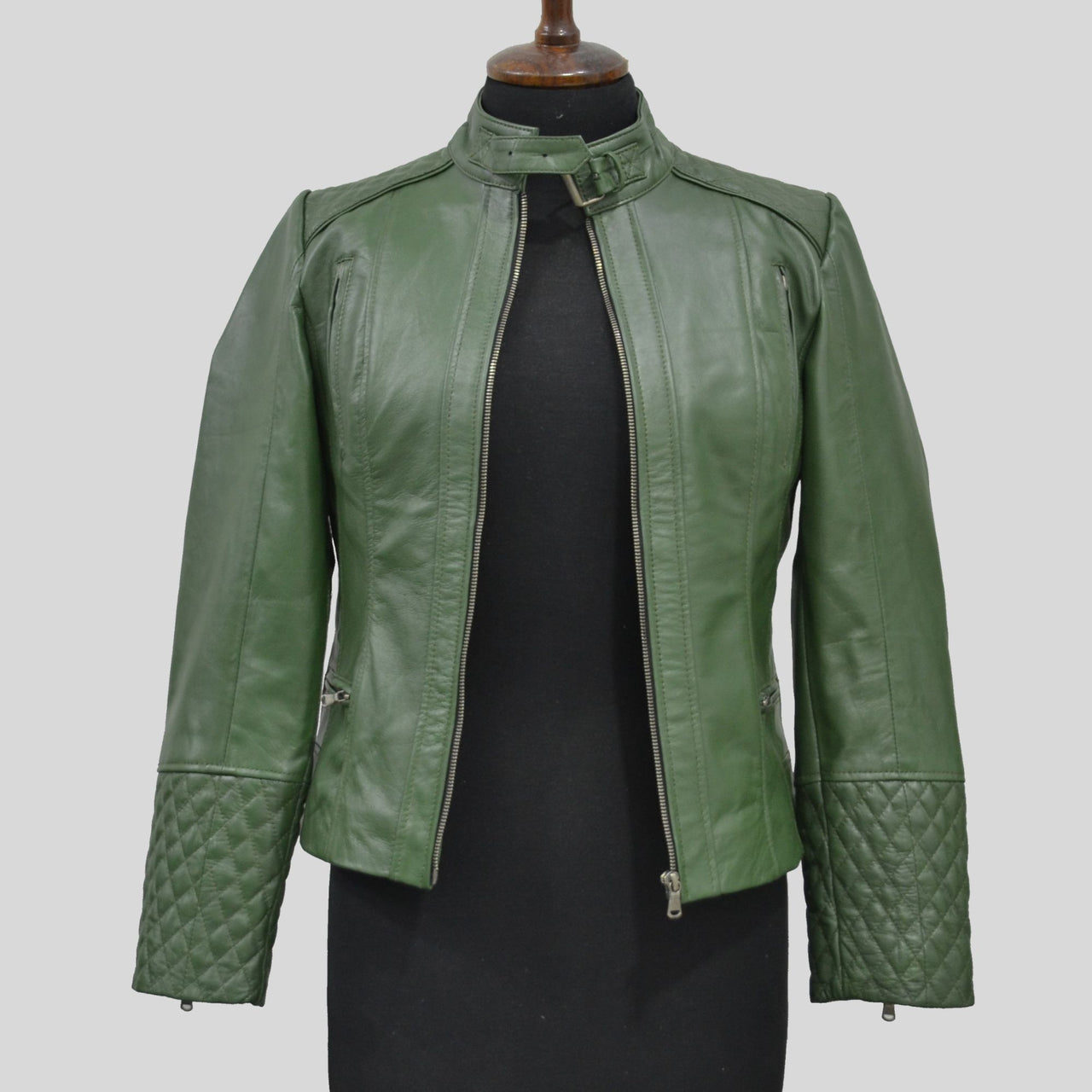 Women's Green Quilted Belted Collar Cafe Racer Leather Jacket