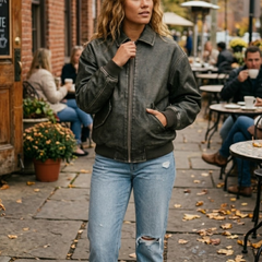 Womens Distressed Black Leather Jacket - Vintage Style Aviator Bomber Coat - Winter Coat
