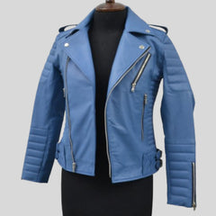 Women's Turquise Blue Motorcycle Genuine Leather Biker Jacket