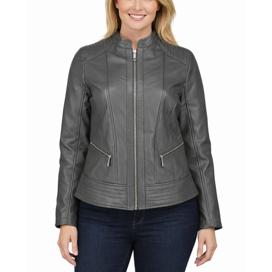 Womens Classic Grey Leather Slim Fit Moto Racer Jacket