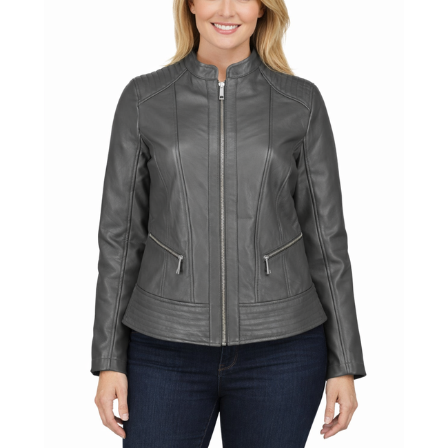 Womens Classic Grey Leather Slim Fit Moto Racer Jacket