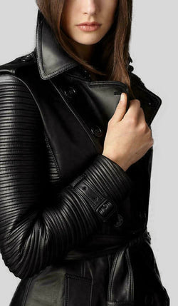Women's Double-Breasted Black Quilted Real Leather Belted Trench Coat