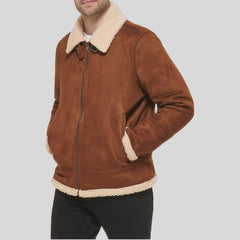 Men Suede Leather-Bomber Jacket With Shearling Lining
