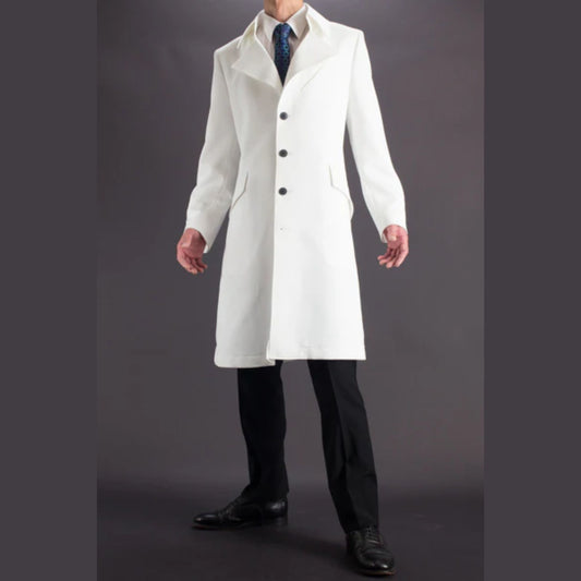 Men's White Half-Belted Back Mid-Length Geniune Wool Trench Coat