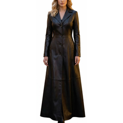 Women's Sheepskin Leather Black Lapel Style Single Bresated Long Coat