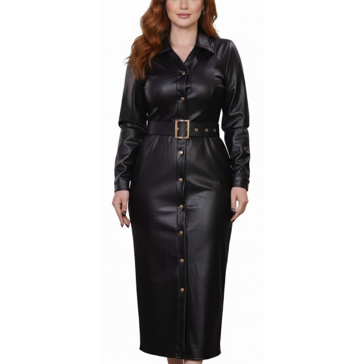 Women's Black Real Leather Long Trench Coat Outfit