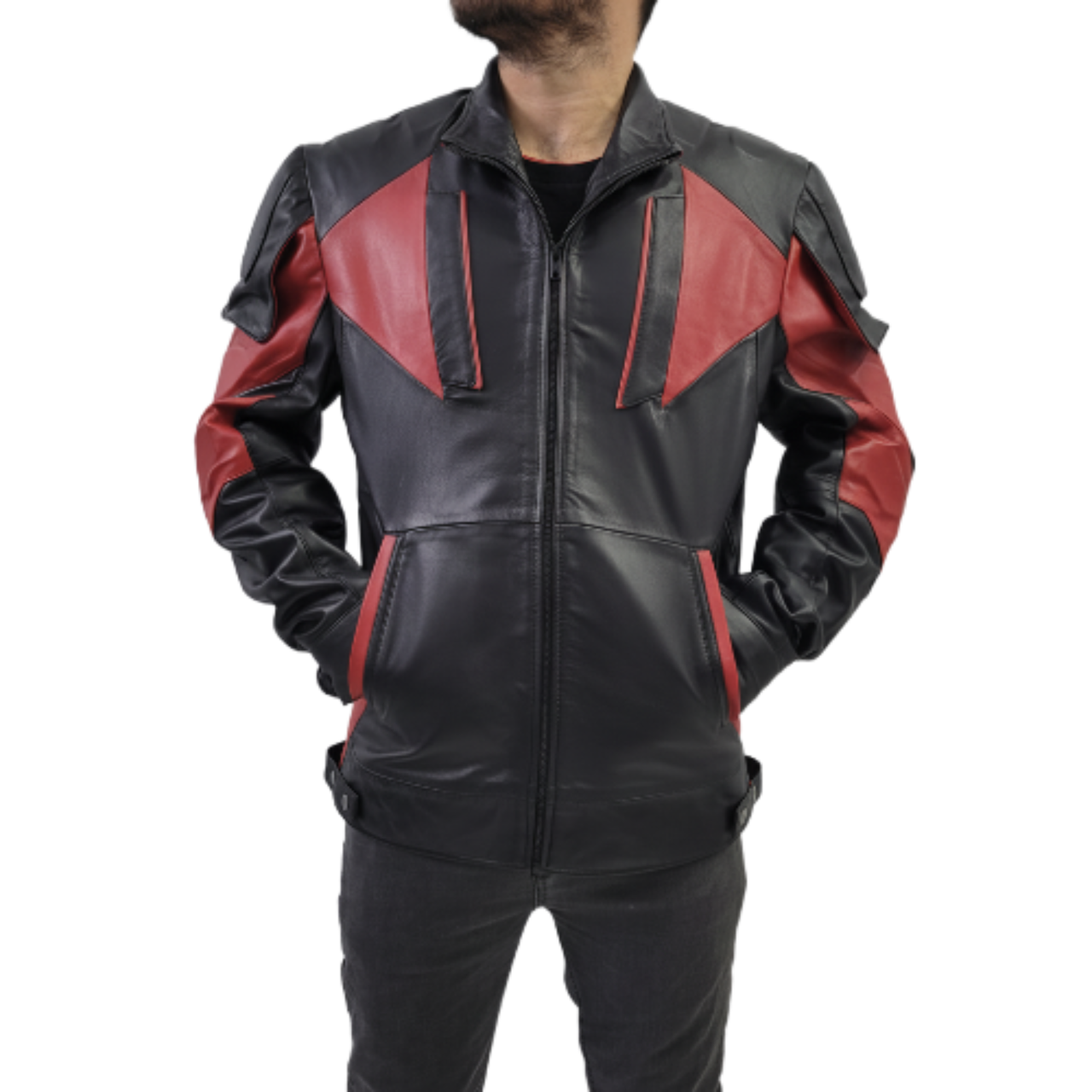 Men's Red And Black Real Leather Biker Jacket