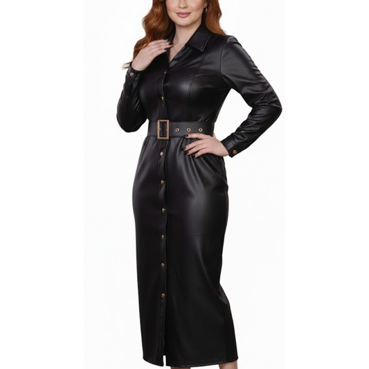 Women's Black Real Leather Long Trench Coat Outfit
