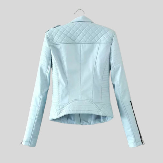 Women's Blue Motorcycle Biker Real Sheepskin Leather Jacket