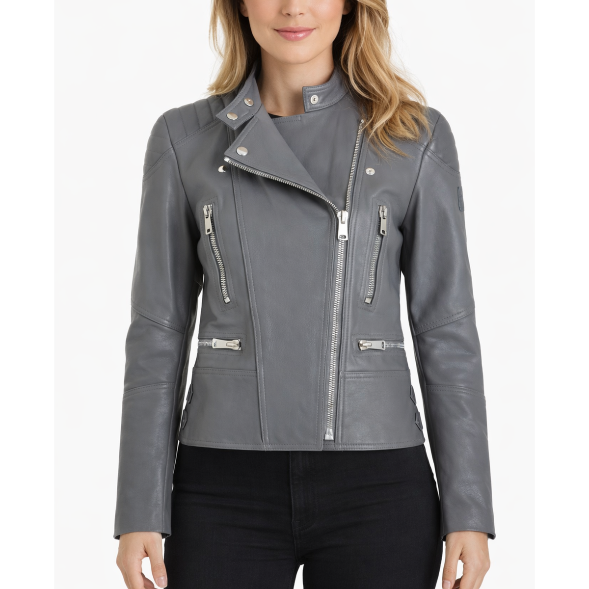 Womens Grey Leather Slim Fit Biker Motorcycle Jacket