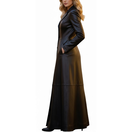 Women's Sheepskin Leather Black Lapel Style Single Bresated Long Coat