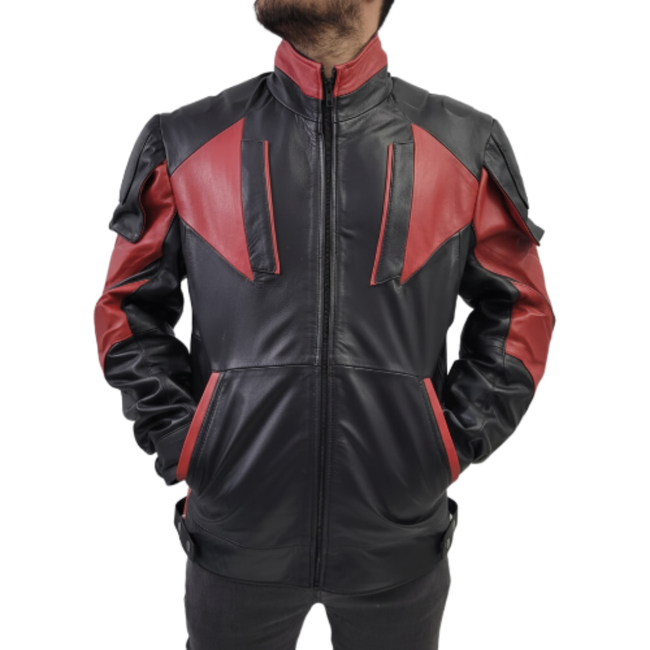 Men's Red And Black Real Leather Biker Jacket