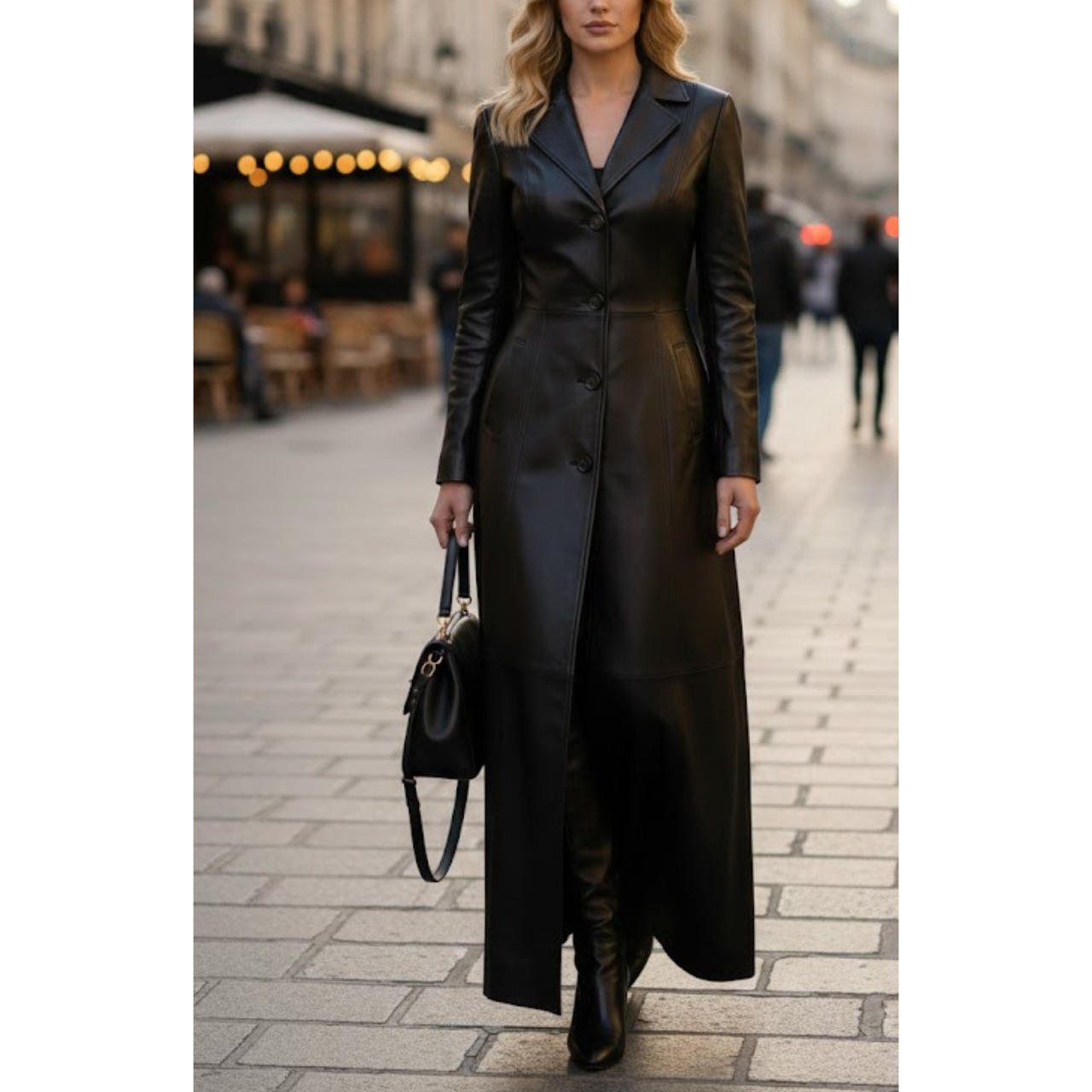 Women's Sheepskin Leather Black Lapel Style Single Bresated Long Coat