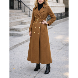 Women's Brown Wool Double Bresated Belted Slim Long Trench Coat