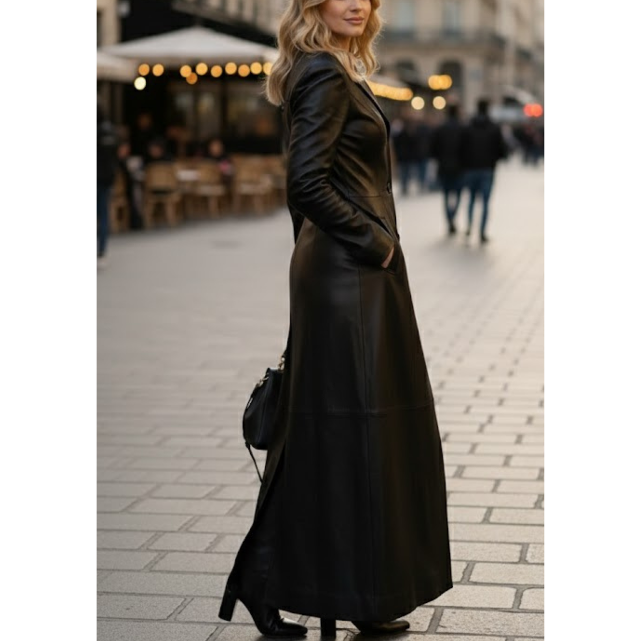 Women's Sheepskin Leather Black Lapel Style Single Bresated Long Coat