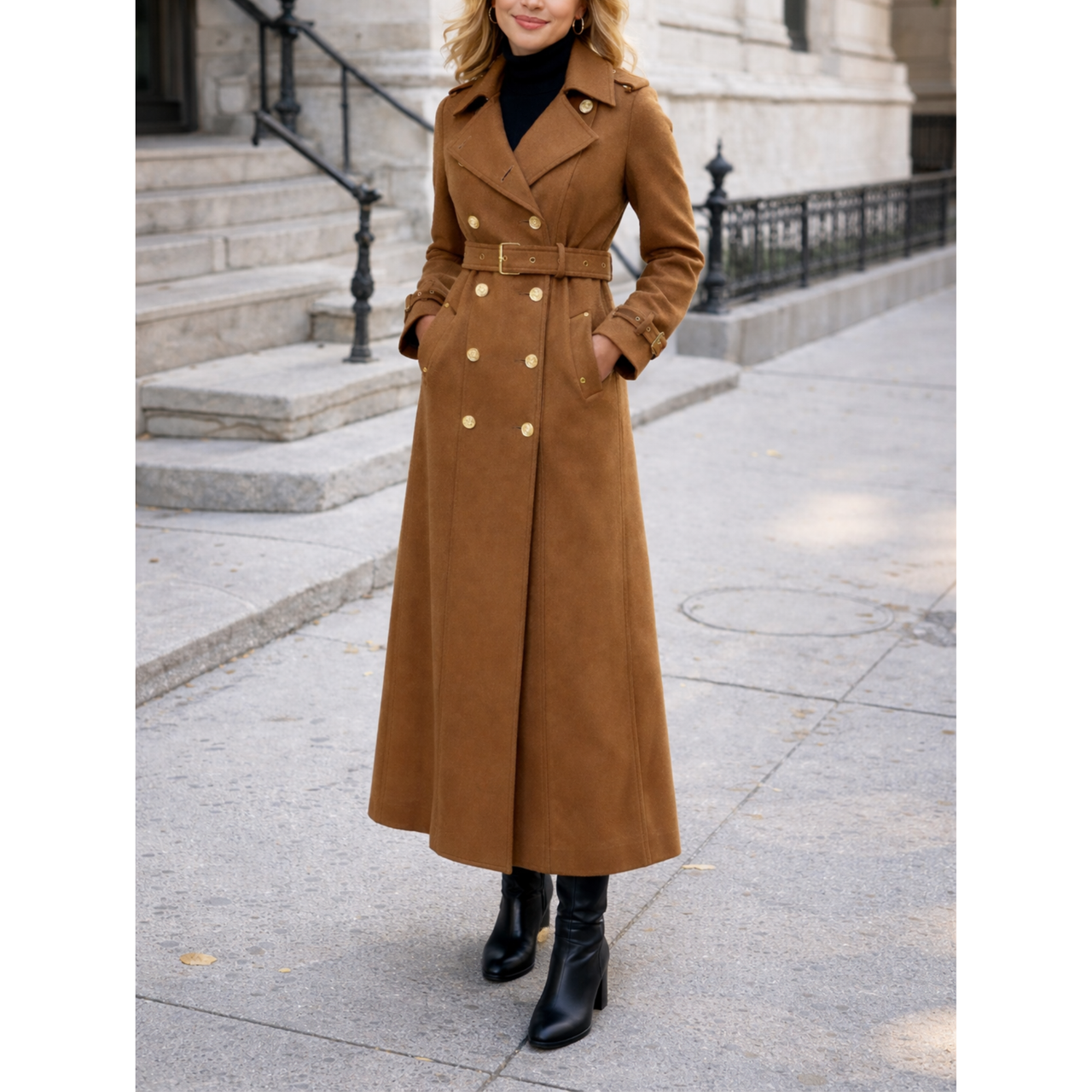 Women's Brown Wool Double Bresated Belted Slim Long Trench Coat