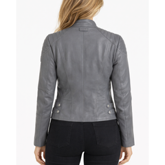 Womens Grey Leather Slim Fit Biker Motorcycle Jacket