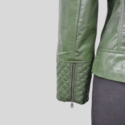 Women's Green Quilted Belted Collar Cafe Racer Leather Jacket