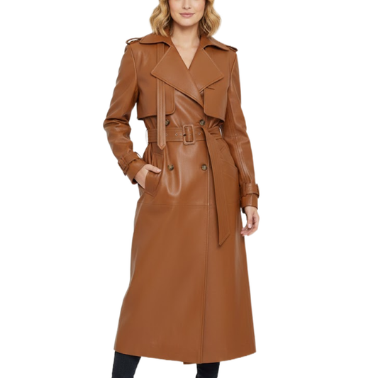 Women's Brown Leather Double Bresated Belted Stylish Long Coat