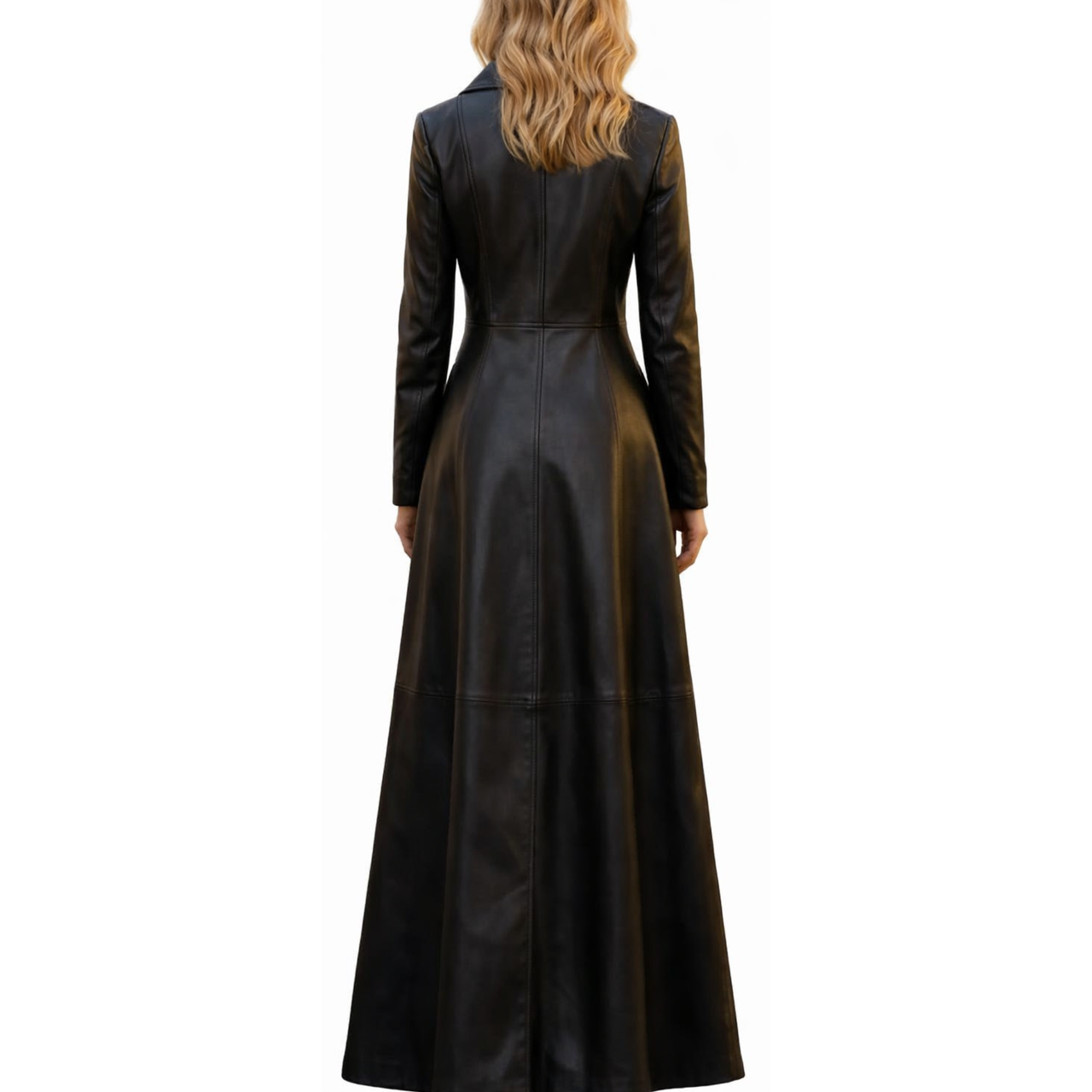 Women's Sheepskin Leather Black Lapel Style Single Bresated Long Coat